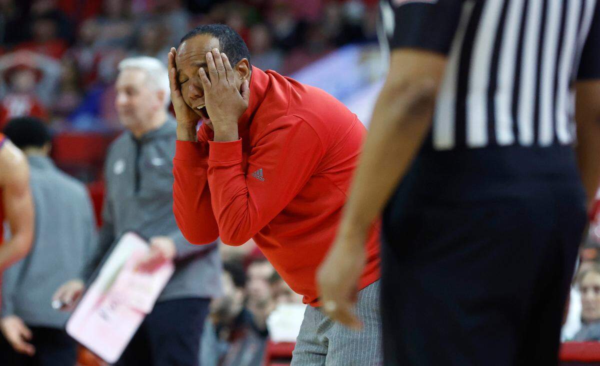 N.C. State’s head coach Kevin Keatts reacts to the call by the officials during the second half of Clemson’s 96-71 victory over N.C. State’s game at PNC Arena in Raleigh, N.C., Saturday, Feb. 25, 2023.