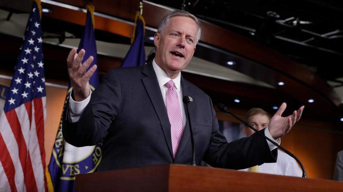 House Freedom Caucus Chairman Rep. Mark Meadows, R-N.C. speaks during a news conference on Capitol Hill in Washington, Wednesday, July 12, 2017, to say that his group wants to delay the traditional August recess until work is accomplished on health care, the debt ceiling and tax reform. (AP Photo/J. Scott Applewhite)