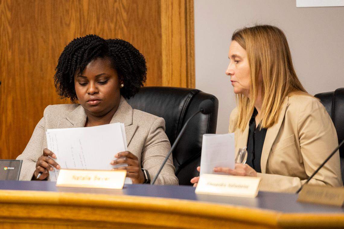 Durham Public Schools Board of Education Board Chair Bettina Umstead, left, adjourns a school board meeting after announcing the resignation of Superintendent Pascal Mubenga and releasing the main findings of an investigation that was launched to learn the cause of salary issues Thursday, Feb. 7, 2023 in Durham. Mubenga learned of the problem on Nov. 8 but the board wasn’t informed until Jan. 11.