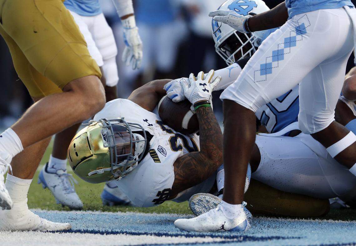 Notre Dame running back Kyren Williams scores a first half touchdown against North Carolina in ACC football action in Chapel Hill, N.C. Friday, Nov. 27, 2020.