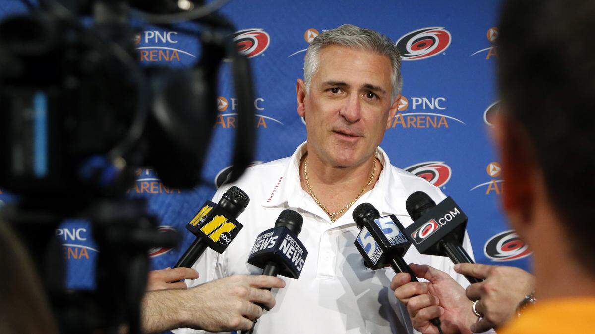 Then general manager Ron Francis talks to reporters at PNC Arena in 2017.  Monday the team announced it was terminating his contract, relieving him of all duties.