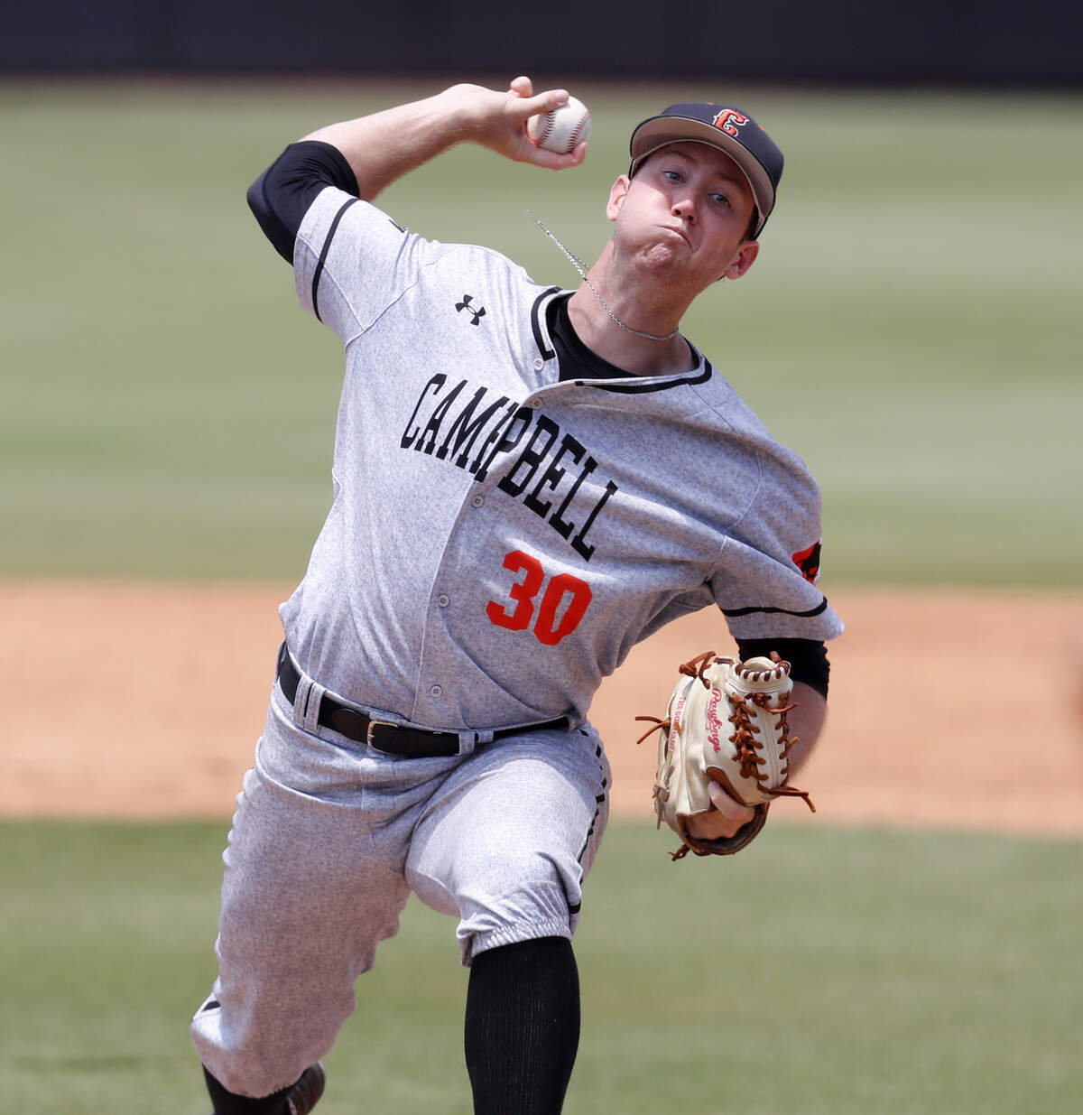 Campbell’s Michael Horrell (30) pitches during N.C. State’s game against Campbell in the Greenville Regional at Clark-LeClair Stadium in Greenville, N.C., Friday, May 31, 2019.