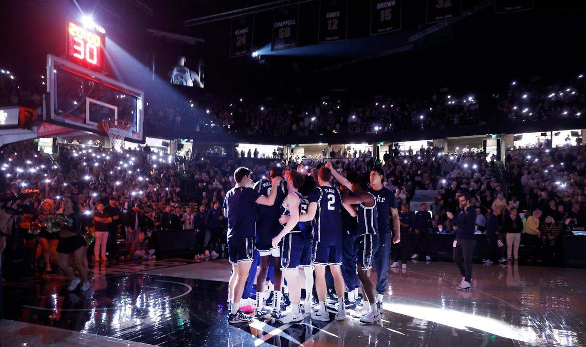 The Duke basketball team huddles before their game against Wake Forest at LJVM Coliseum in Winston-Salem, N.C., Saturday, Jan. 25, 2025.