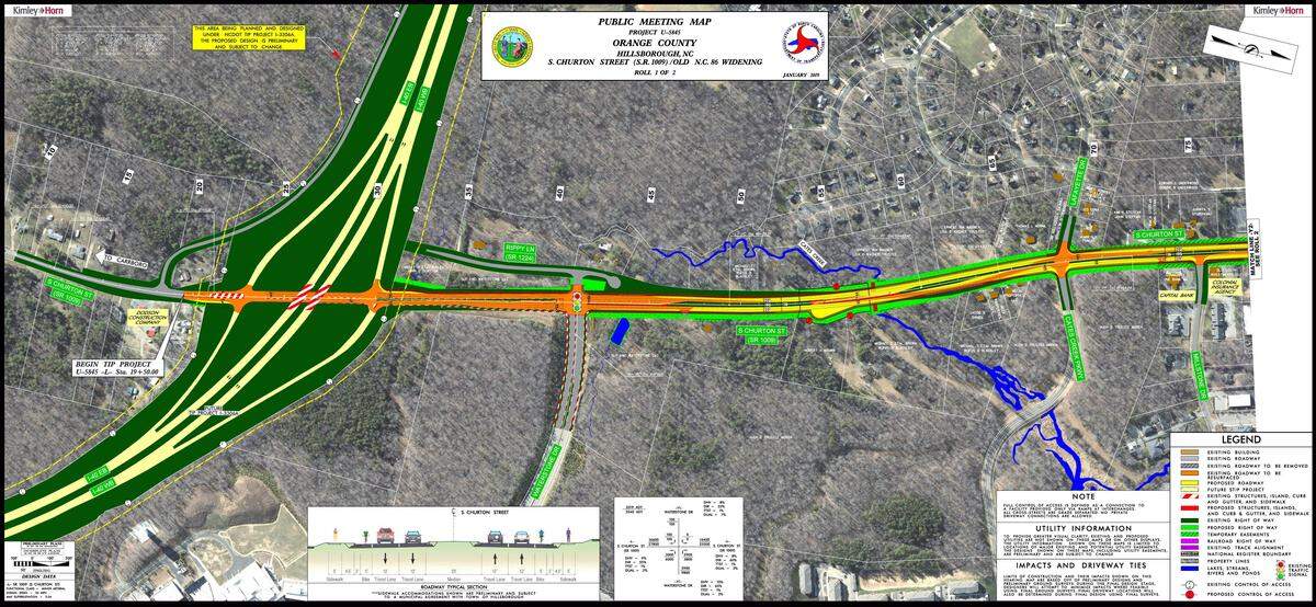 An NC Department of Transportation map shows changes proposed for South Churton Street in Hillsborough, from Interstate 40 to Millstone Drive in Hillsborough. The road will be widened to four lanes, with center turn lanes, bike lanes and sidewalks. The widening isn’t expected to remove any homes or businesses along the largely commercial corridor, but it will bring the new road closer to most businesses, medical offices and restaurants.