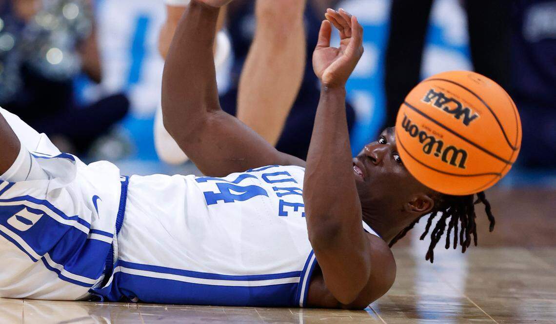 Duke’s Sion James (14) keeps his eye on a loose ball during the second half of Duke’s 93-49 victory over Mount St. Mary’s in the first round of the 2025 NCAA Men’s Basketball Tournament at the Lenovo Center in Raleigh, N.C., Friday, March 21, 2025.