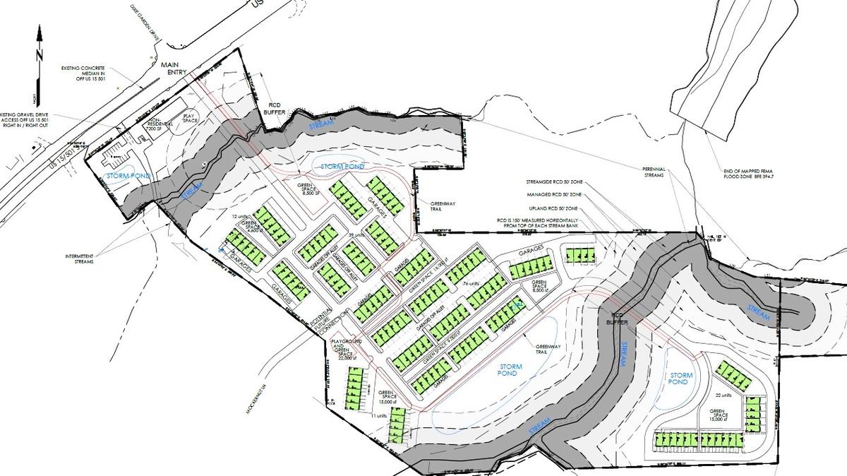 A Chatham County developer has proposed building 160 townhomes east of U.S. 15-501, south of Chapel Hill. The project would extend public water and sewer lines outside the town limits to the development site.