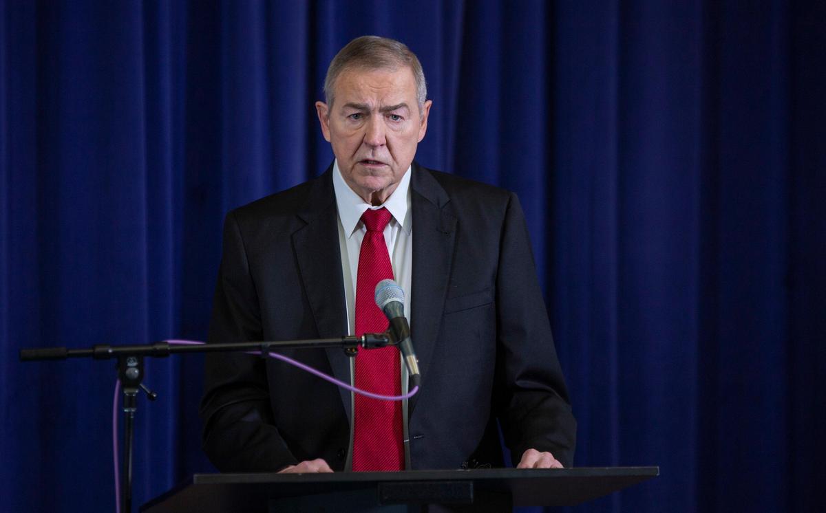 Jim Goodnight, CEO of SAS, addresses a crowd gathered for a press conference with other prominent CEOs in the state to discuss the importance of increasing participation in NC Pre-K to 75 percent of eligible children, at Millbrook Elementary School on Thursday, Jan. 17, 2019, in Raleigh, NC.