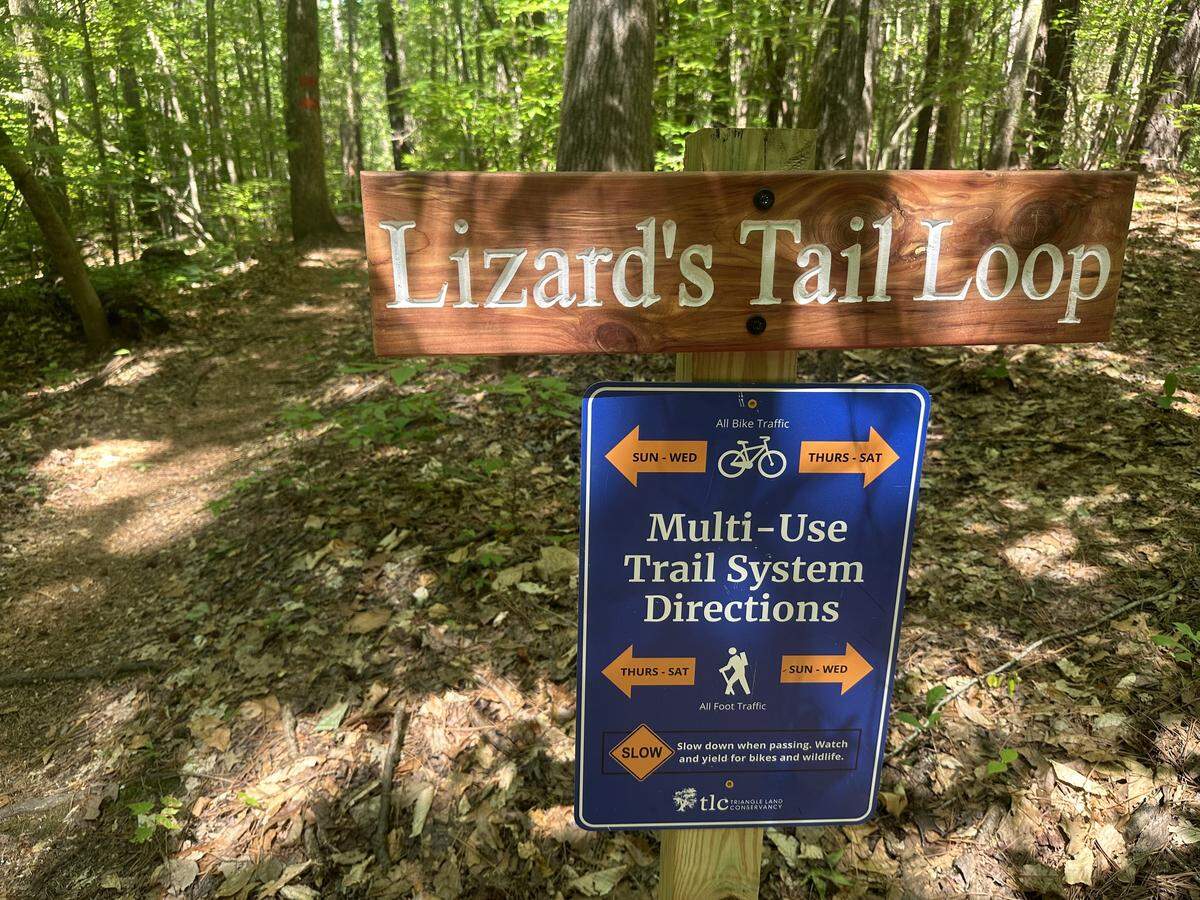 The trails at Old Creedmoor Nature Preserve are open to hikers and cyclists, who are asked to go in opposite directions to avoid conflicts.