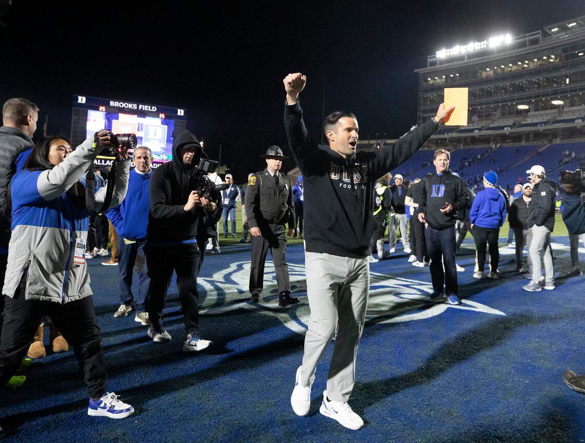 Duke head coach Manny Diaz acknowledges the crowd following the Blue Devils’ 23-16 win over Florida State on Friday, Oct. 18, 2024, at Wallace Wade Stadium in Durham, N.C. With the win, the Blue Devils became bowl-eligible.