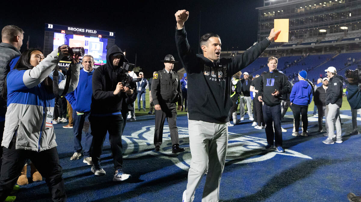 Duke head coach Manny Diaz acknowledges the crowd following the Blue Devils’ 23-16 win over Florida State on Friday, Oct. 18, 2024, at Wallace Wade Stadium in Durham, N.C. With the win, the Blue Devils became bowl-eligible.