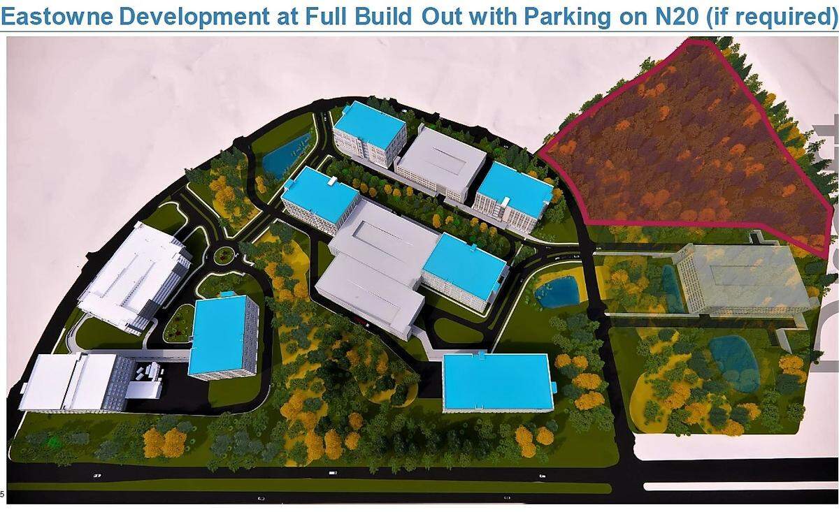 The latest site plan for UNC Health Care’s 1.1 million square foot Eastowne campus expansion plan was approved June 21, 2023. The campus, located at U.S. 15-501 and I-40, would preserve up to 12 acres of a natural heritage forest (in red).
