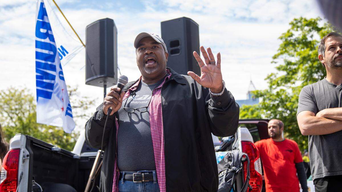 Republican Lt. Gov. candidate Mark Robinson speaks during a ReOpen NC rally in downtown Raleigh on May 12.