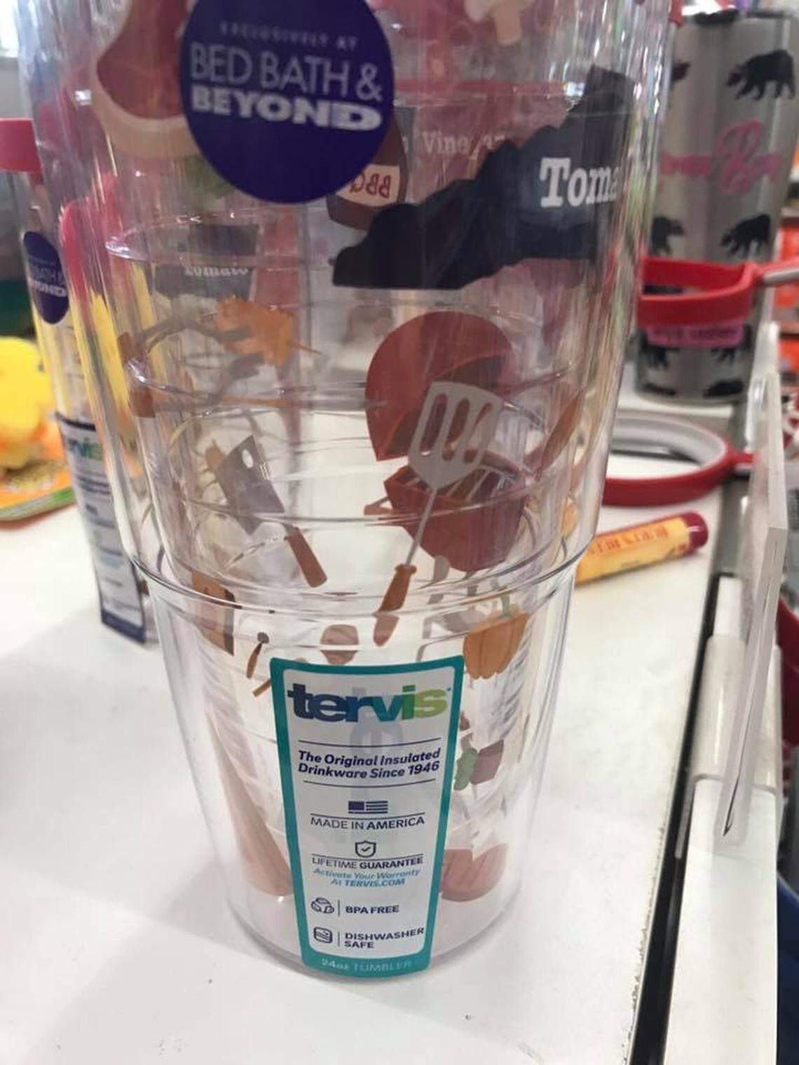 House of Swank’s design on a Tervis tumbler sold at the Cary, North Carolina Bed, Bath and Beyond store.
