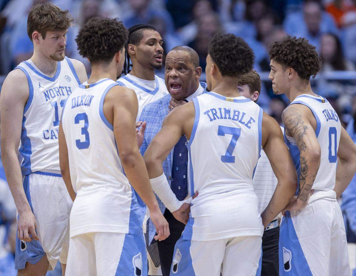 North Carolina coach Hubert Davis huddles with his players in the first half against Clemson on Tuesday, March 3, 2026 at the Smith Center in Chapel Hill, N.C.