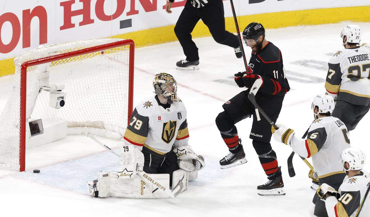 Carolina's Jordan Staal (11) celebrates scoring on Vegas’ Carter Hart (79) in the third period of the Hurricanes’ game against the Golden Knights in the second game of the Stanley Cup Final at the Lenovo Center in Raleigh, N.C., Thursday, June 4, 2026.