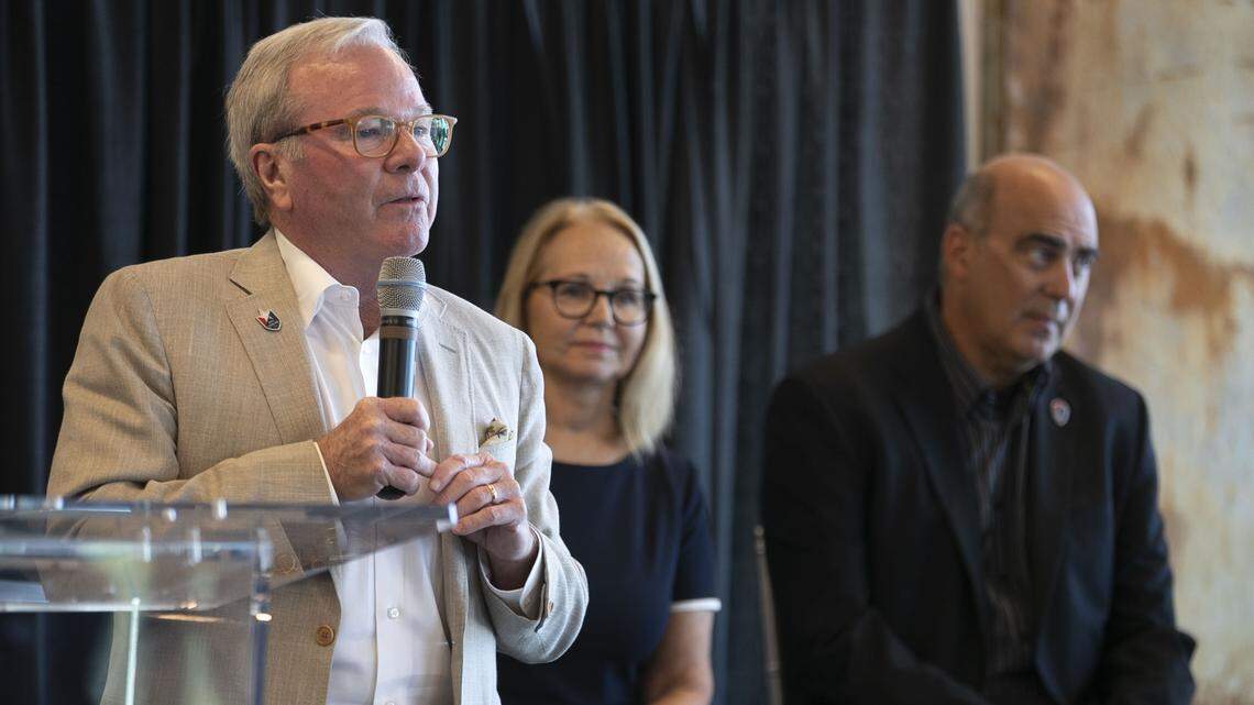 Real estate developer John Kane, Billie Redmond, of Trademark Properties and Steve Malik, chairman of the North Carolina Football Club, unveil their plans for a $2 billion mixed used development in South Raleigh that will include a 20,000 seat stadium during a press conference at The Dillon on Tuesday, June 25, 2019 in Raleigh, N.C.