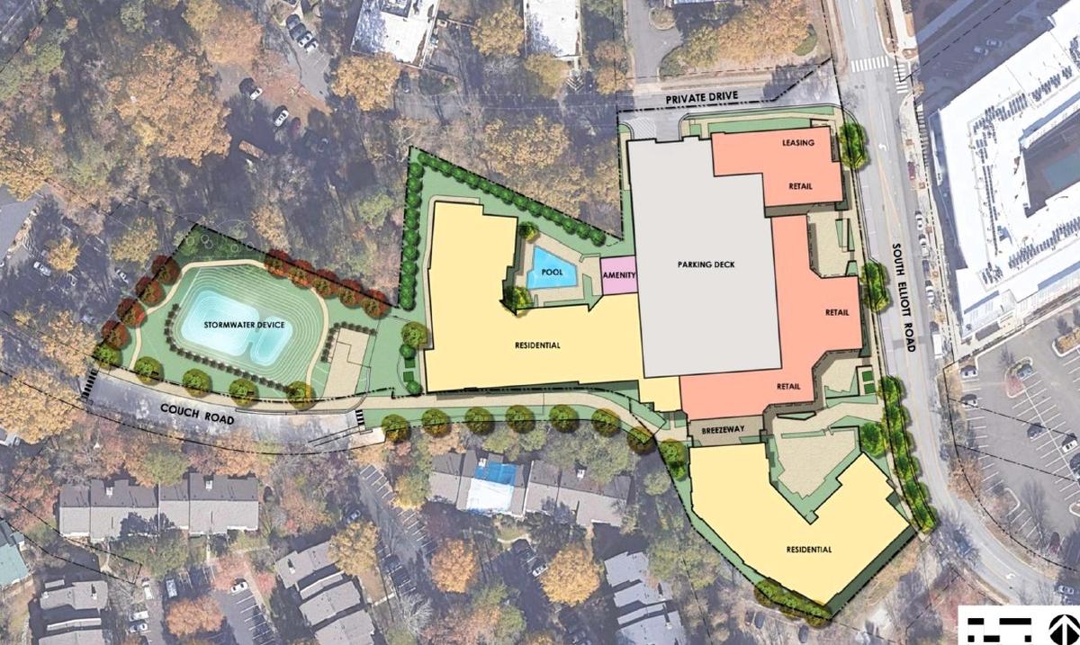 Aura South Elliott would bring 334 apartments and 18,562 square feet of leasing and commercial space to four acres at 200 S. Elliott Road in Chapel Hill. The site is across the street from Village Plaza shopping center and within walking distance of other businesses.