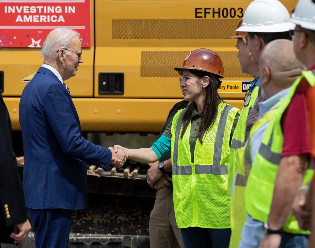 President Joe Biden tours Wolfspeed during a visit to Durham, N.C. on Tuesday, March 28, 2023.