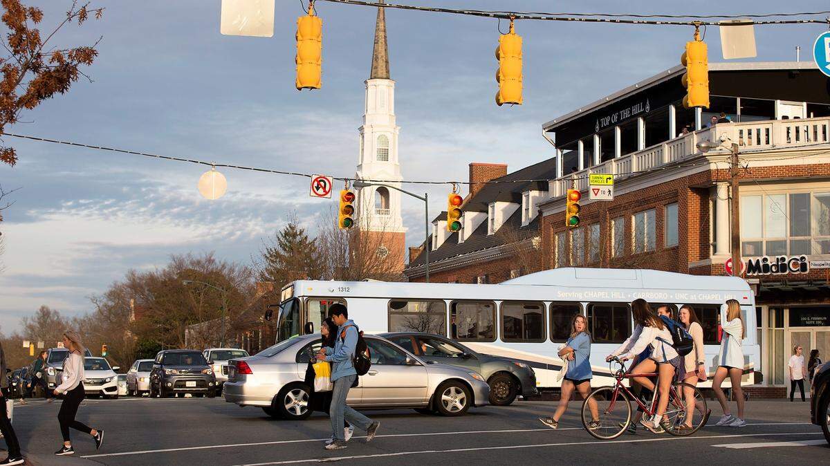 The heart of downtown Chapel Hill is located at the intersection of two state-maintained roads, Franklin and Columbia streets. 