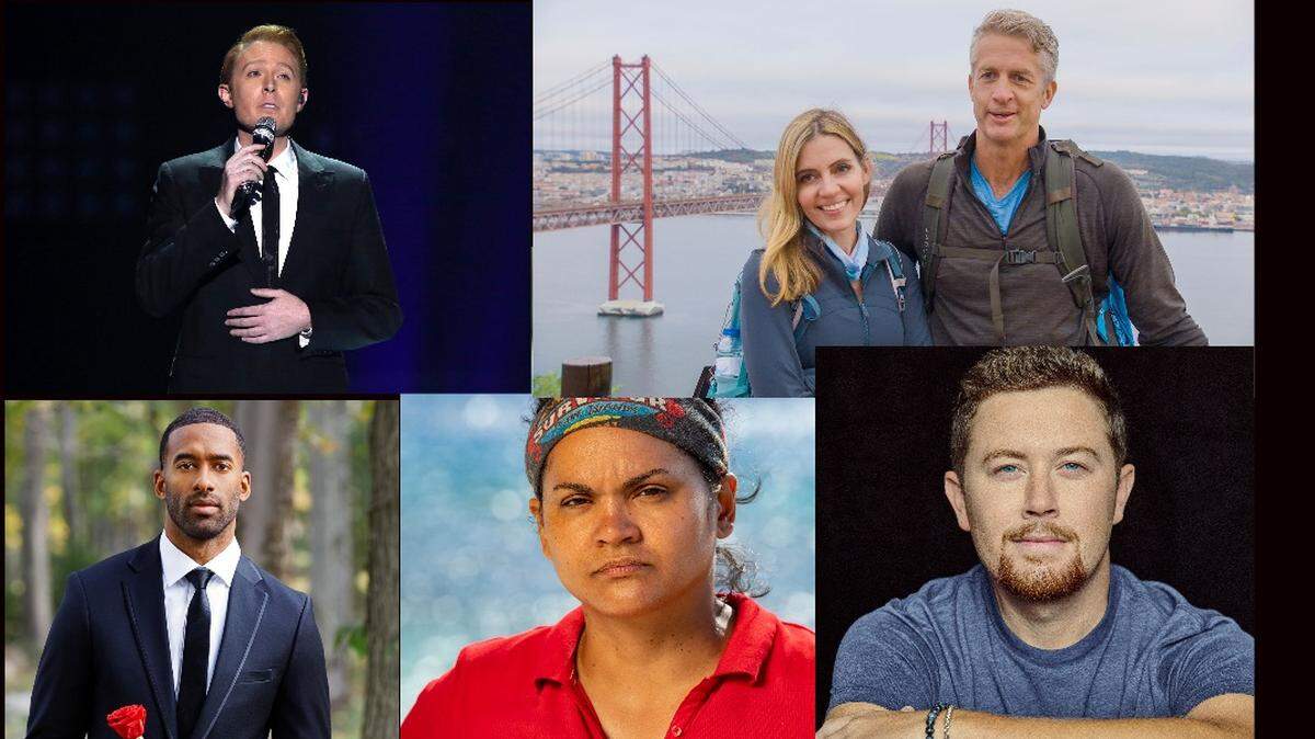 Clockwise: Clay Aiken, from Season 2 of “American Idol”; Kim & Penn Holderness, from Season 33 of “The Amazing Race”; Scott McCreery, from Season 10 of “American Idol”; Sandra Diaz-Twine, who appeared on five seasons of “Survivor”; and Matt James, from Season 25 of “The Bachelor.”