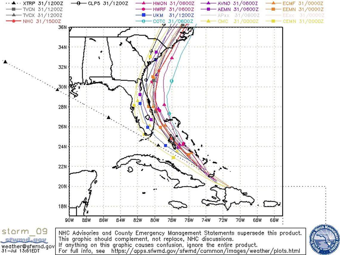The spaghetti model for Hurricane Isaias shows the storm tracking up the coast of Florida, Georgia and the Carolinas over the weekend and into early next week.