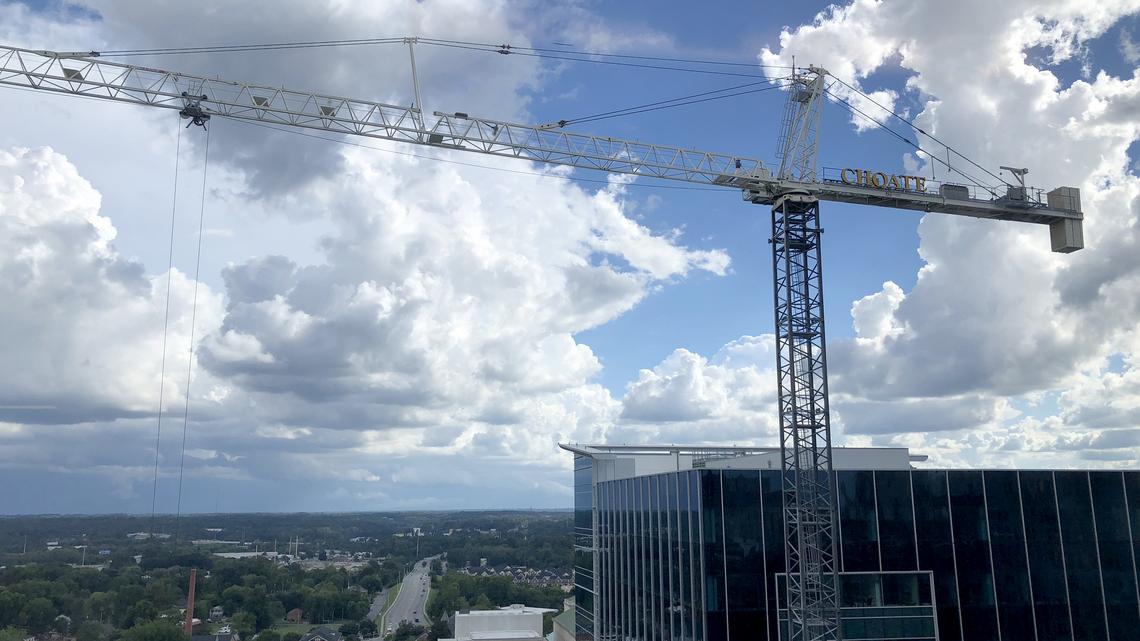 The crane over the FNB Tower project on Fayetteville Street in downtown Raleigh.
