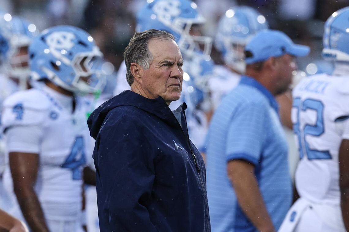 Chapel Hill Head Coach Bill Belichick watches as his team warms up ahead of the game against Charlotte at Jerry Richardson Stadium in Charlotte, NC on Saturday, September 6, 2025.