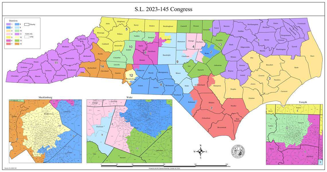 The North Carolina Congressional map passed by the General Assembly on Oct. 25, 2023, to use in the 2024 elections.