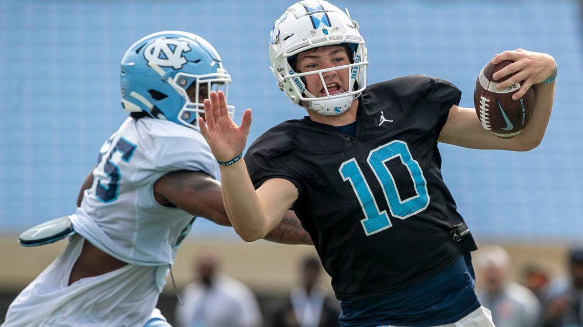 North Carolina quarterback Drake Maye (10) scores a touchdown on a short run during a scrimmage at the Tar Heels’ open practice on Saturday, March 25, 2023 at Kenan Stadium in Chapel Hill. N.C.