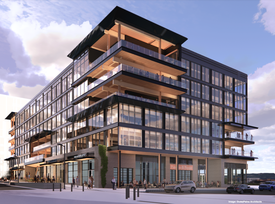 A rendering of a mixed-use mass timber office planned for the Downtown South development. Construction should begin in late 2022.