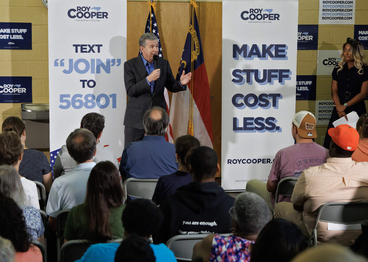 Former Gov. Roy Cooper speaks during a “Make Stuff Cost Less” campaign rally at the Graham Civic Center on Monday, July 13, 2026, in Graham, N.C.