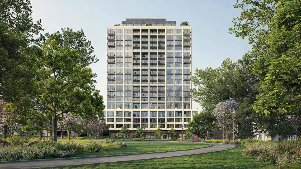 A rendering of One Nash Square at 217 W. Martin St. in the city’s Warehouse District. It will bring 82 for-sale condos in early 2027.