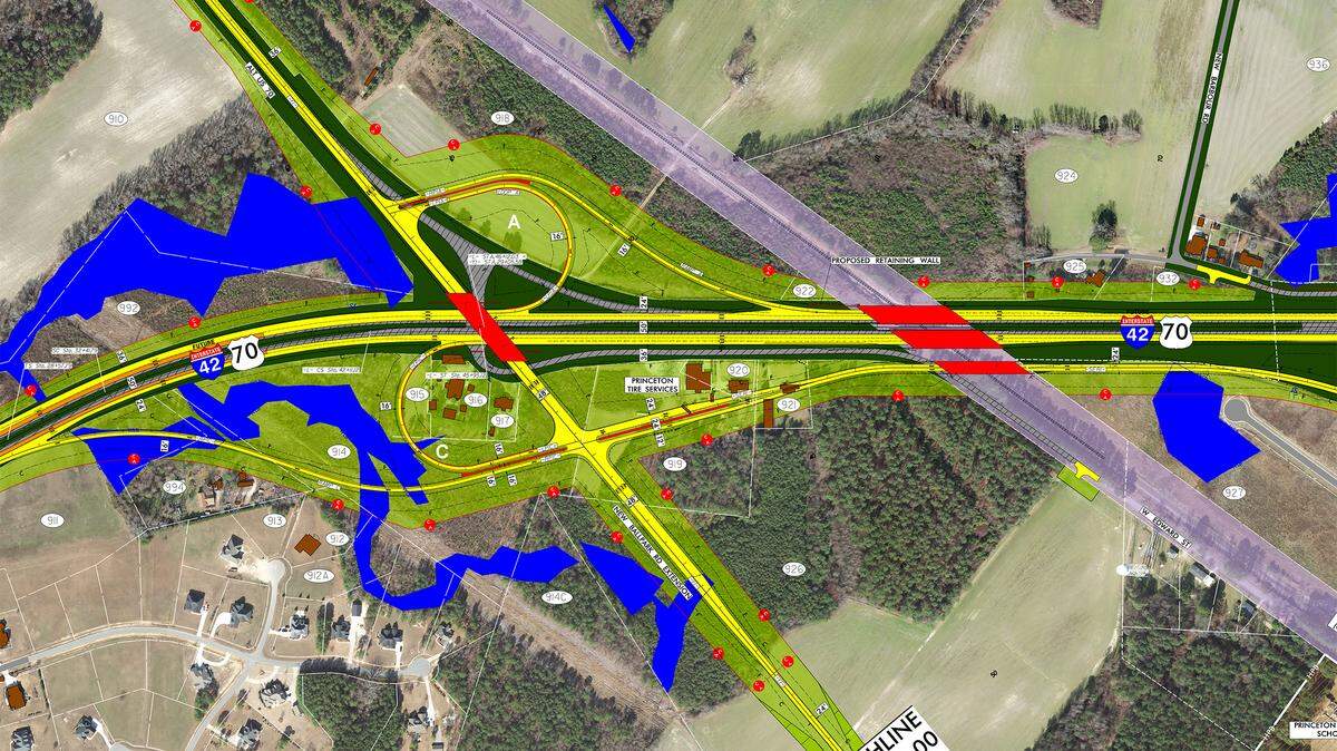The N.C. Department of Transportation’s plans for turning U.S 70 into a freeway near Princeton include this new interchange at U.S. 70 Alternate and an extension of New Ballpark Road into town.