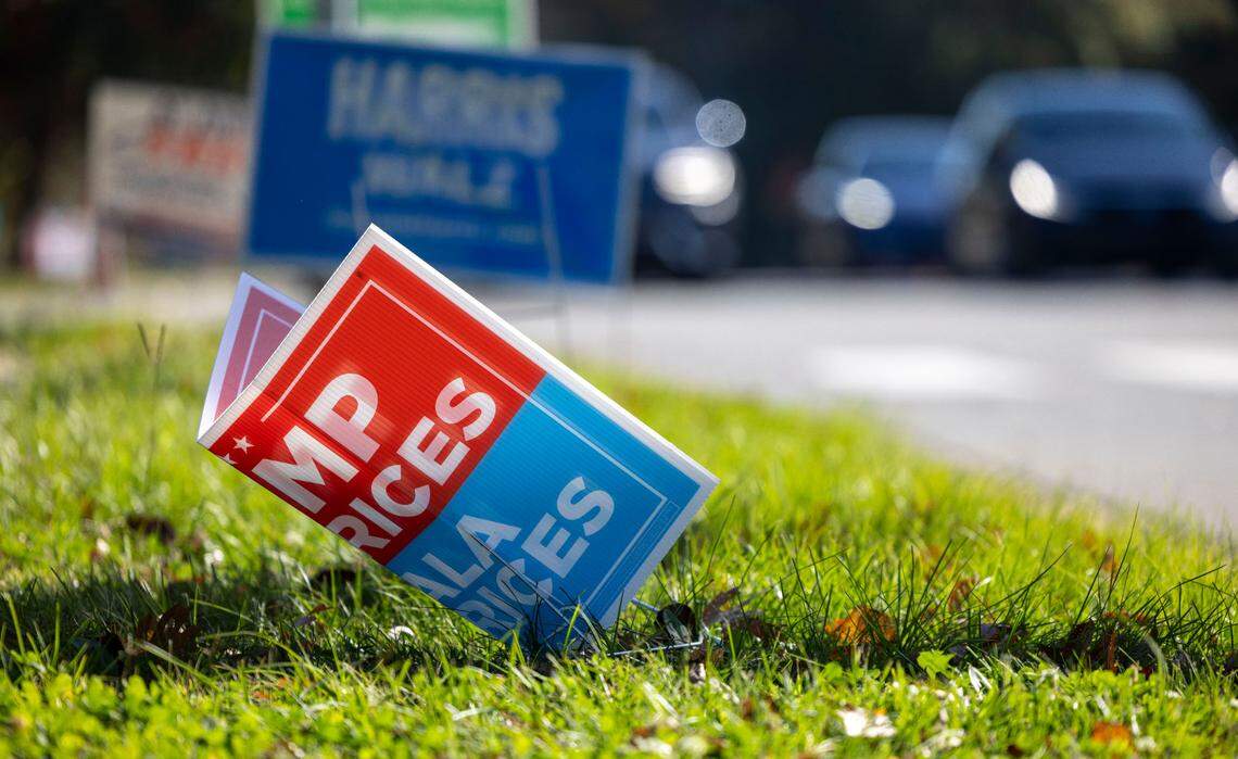 One of several political signs, damaged or missing along High House Road near Bond Park on Thursday, October 31, 2024 in Cary, N.C.