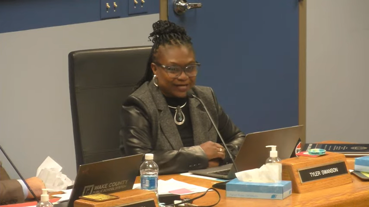 Wake County school board member Monika Johnson-Hostler speaks at the Dec. 3, 2024 school board meeting in Cary. N.C. She is resigning her seat after being elected to the North Carolina General Assembly.