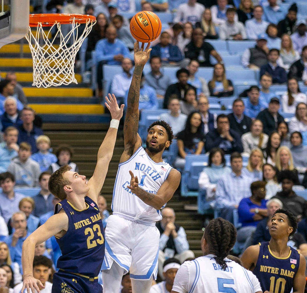 North Carolina’s Leaky Black (1) puts up a shot against Notre Dame’s Dane Goodwin (23) during the second half on Saturday, January 7, 2023 at the Smith Center in Chapel Hill, N.C.