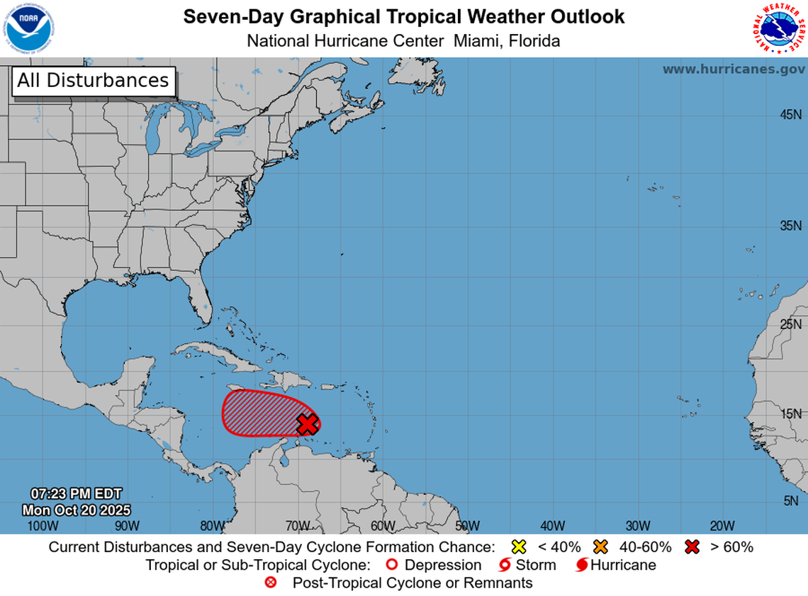 The National Hurricane Center expects a disturbance in the eastern Caribbean to develop into a tropical depression or tropical storm by Oct. 23, 2025, producing heavy local rainfall. But like most other tropical storms in this hurricane season, it’s not expected to bring much moisture to drought-stricken North Carolina.