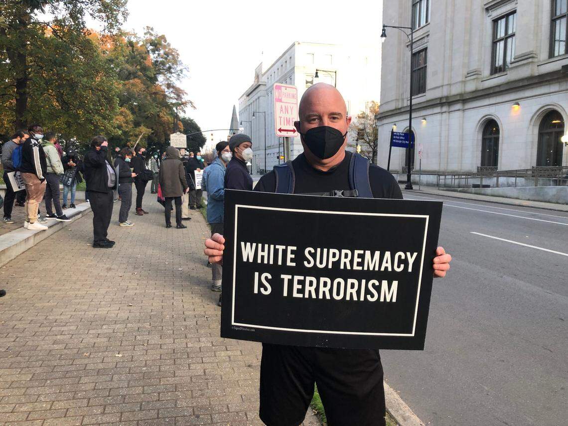 About four dozen protesters gathered in Raleigh, NC, Saturday to protest the acquittal of Kyle Rittenhouse in Kenosha, Wisconsin. Rittenhouse killed two people and wounded one with an assault-style rifle at a Black Lives Matter protest.