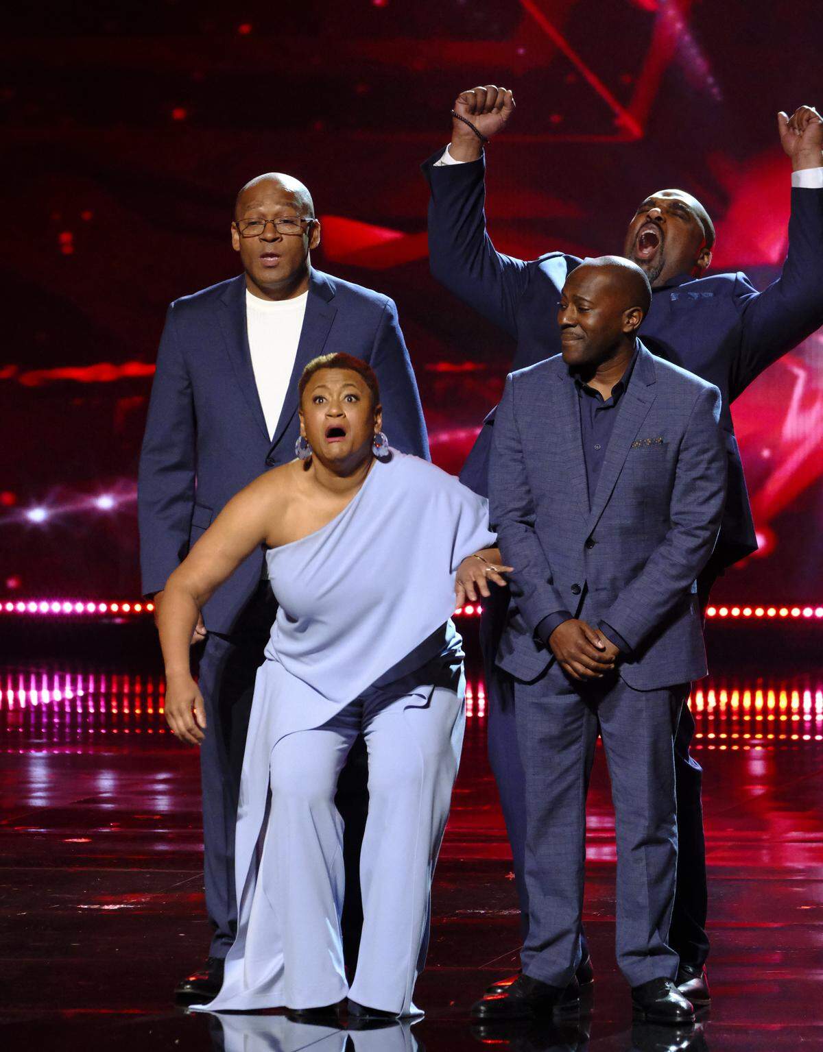 Christal Sanders Rheams reacts to learning the group Voices of Service has advanced to the “America’s Got Talent” finals.