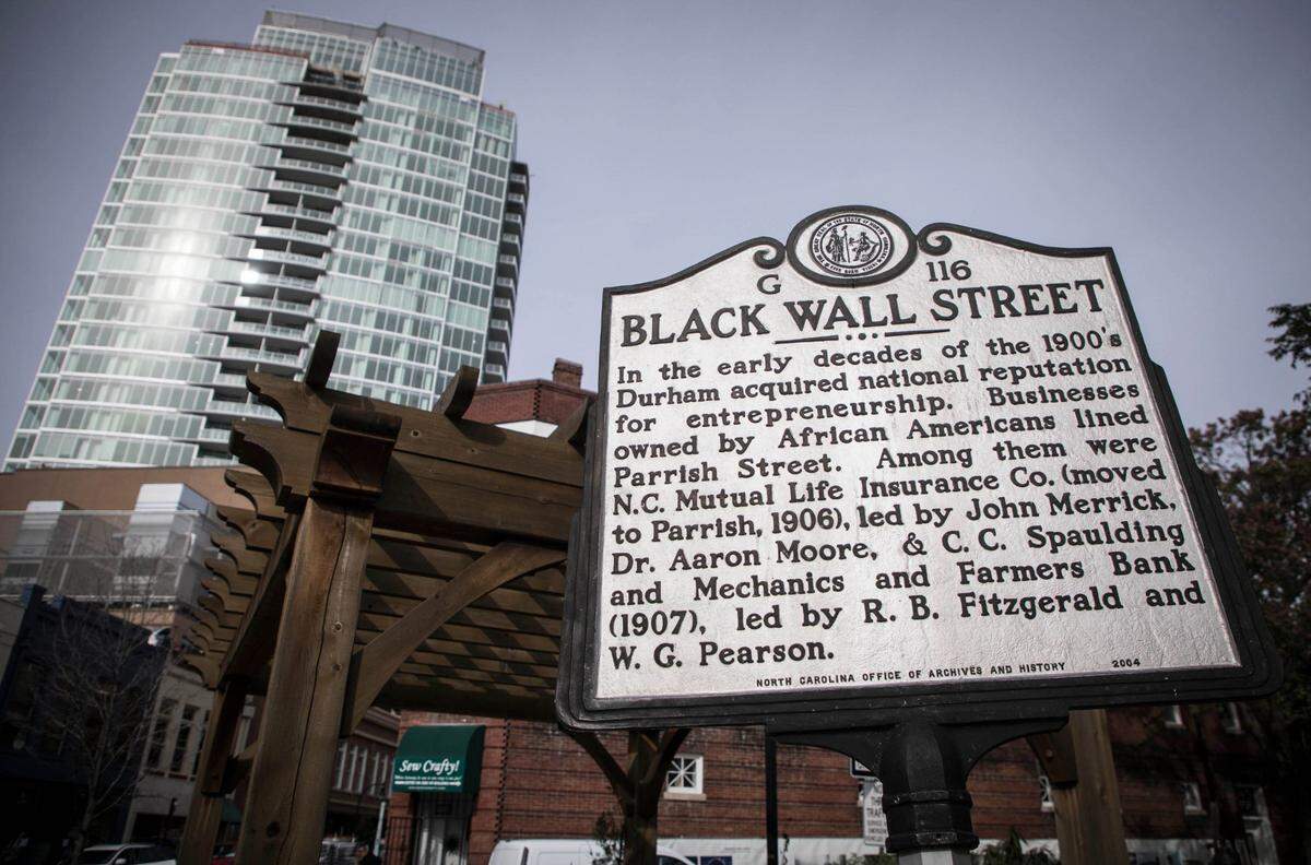 Black Wall Street thrived on Parrish Street in downtown Durham, NC in the early 20th century. The historic North Carolina Mutual Life Insurance building was the center of it. While the building remains mostly the same, the downtown landscape around it has changed drastically.