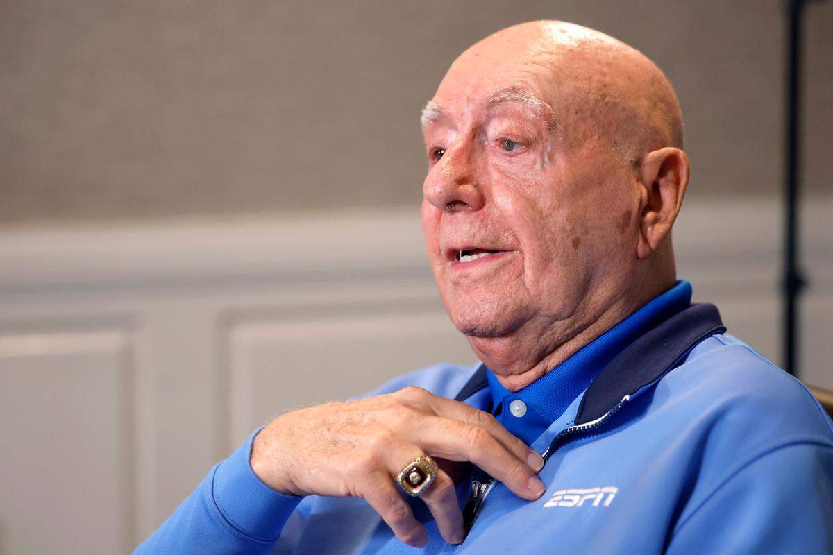 Dick Vitale speaks to the media Friday, Feb. 7, 2025, a day before returning to air on ESPN for the first time in 22 months. Vitale is 85 years old and has endured five major surgeries in the past two and a half years. He last worked a game for ESPN in April 2023, when he called an international broadcast from the Final Four.