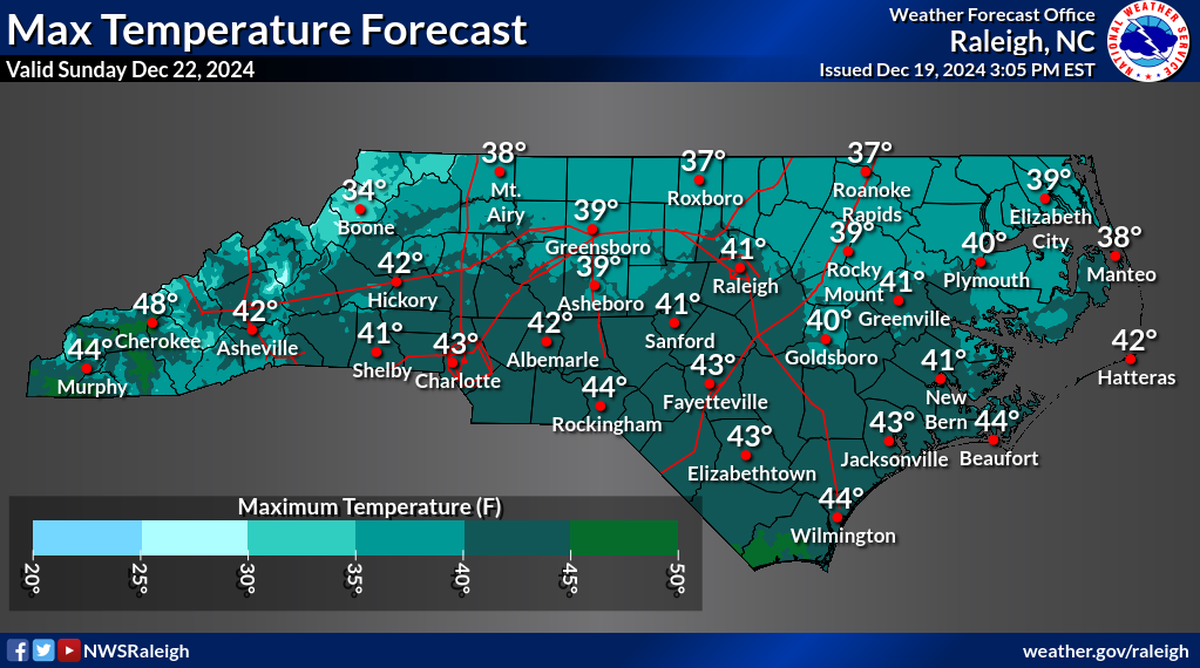 A cold front arriving in North Carolina Friday will bring lower-than-average temperatures from Saturday to Monday. Sunday is expected to be the coldest day of the period.