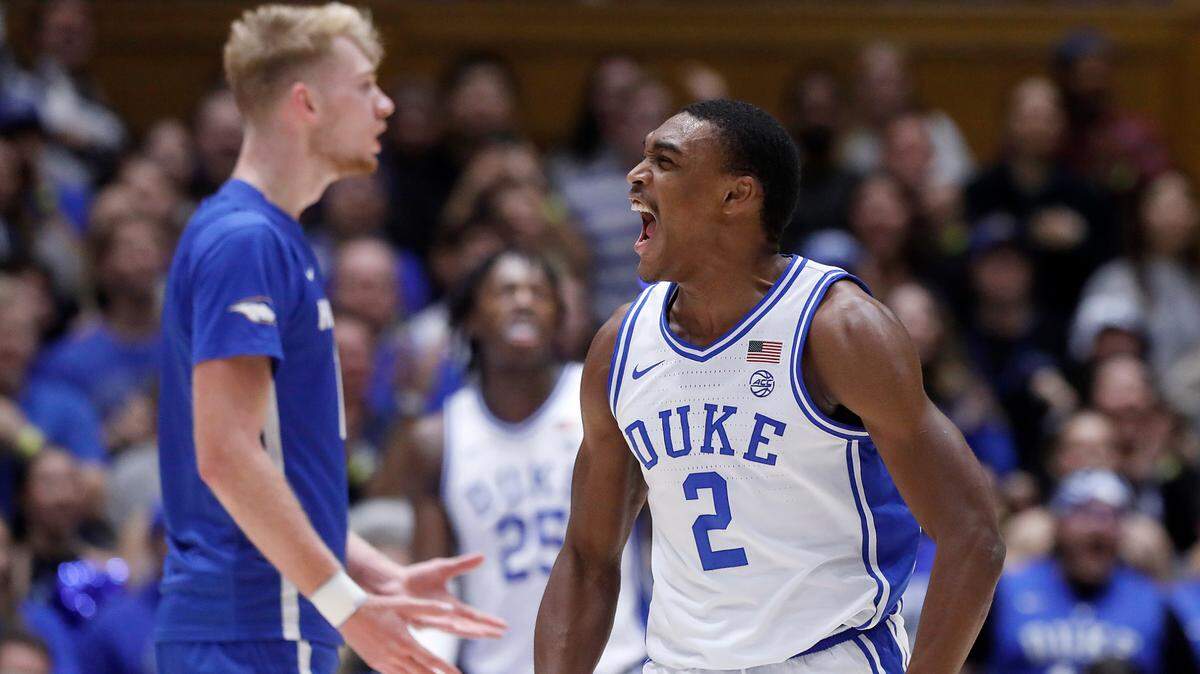 Duke’s Jaylen Blakes reacts after drawing a foul during the second half of the Blue Devils’ 89-68 win over Hofstra on Tuesday, Dec. 12, 2023, at Cameron Indoor Stadium in Durham, N.C.