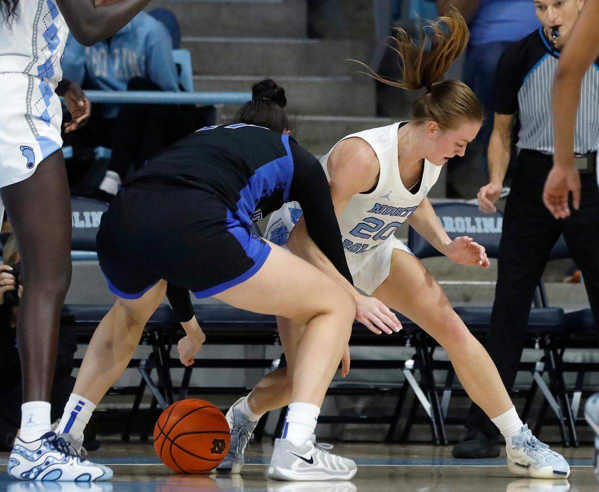 Kentucky’s Clara Silva and North Carolina’s Lexi Donarski scramble for a loose ball during the first half of the Tar Heels’ 72-53 win on Thursday, Dec. 5, 2024, at Carmichael Arena in Chapel Hill, N.C.