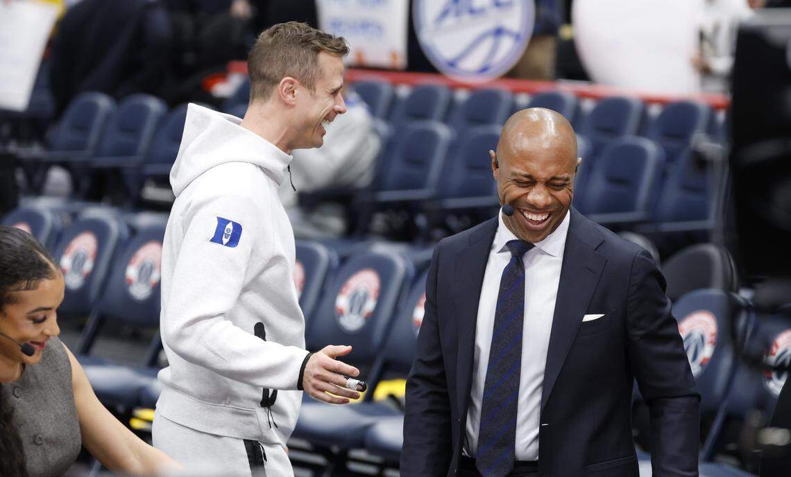 Duke head coach Jon Scheyer laughs with ESPN’s Jay Williams during Duke basketball’s open practice during ESPN’s College GameDay at Capital One Arena in Washington, D.C., Saturday, Feb. 21, 2026.