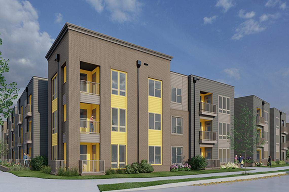 A rendering of Elizabeth Street Apartments, the first phase of the redevelopment of Main and Liberty streets in Durham.
