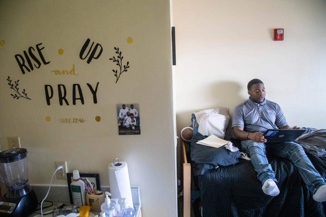 Juanya’ Majette, a senior linebacker at Elizabeth City State University, studies in is dorm room Tuesday, March 1, 2022.