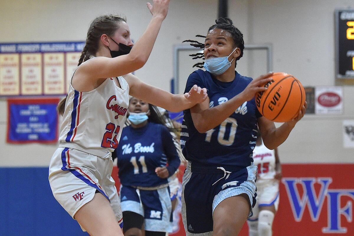 Millbrook’s Ivory Galloway (40) drives to the basket against Wake Forest’s Emilee Lewis (23) during the second half. The Wake Forest Cougars and the Millbrook Wildcats met in a basketball game in Wake Forest, N.C. on February 8, 2022.