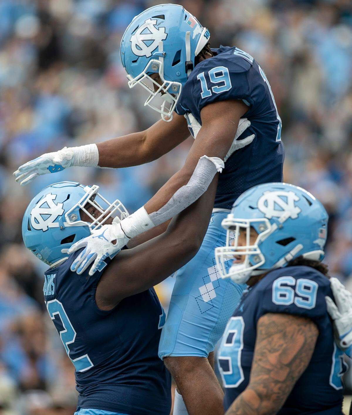 North Carolina running back Ty Chandler (19) celebrates after scoring in the fourth quarter to tie Wake Forest on Saturday, November 6, 2021 at Kenan Stadium in Chapel Hill, N.C.