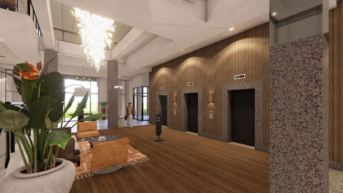 A rendering of the redesigned main lobby at Durhamite SouthCourt, a 140,000-square-foot office building in Durham’s University Hill neighborhood.